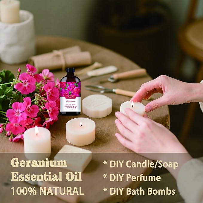 Geranium Essential Oil-Geranium Fragrance Oil 4.33oz (130ml)-100% Pure Natural Scent for Diffusers, Candles, Soap Making & Aromatherapy-Relaxing Home & Gift Essential Oil for Bath, Massage