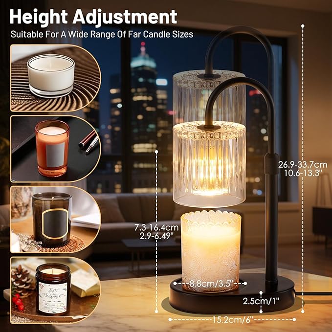 Candle Warmer Lamp with Timer: Modern Style Adjustable Height Candle Warmer Lamp Home Decor Safe Flame Free for Wax Blocks and Jar Candles Transparent Color