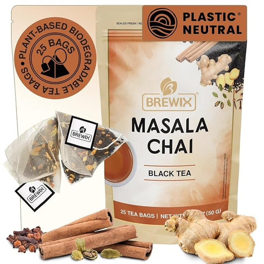 BREWIX, Masala Chai Tea Bags (25 Pyramid Tea Bags) Strong, Robust & Spicy - Pure Ingredients | Black Tea, Cinnamon, Ginger, Black Pepper, Cardamom & Cloves, Packed in Resealable Ziplock Pouch
