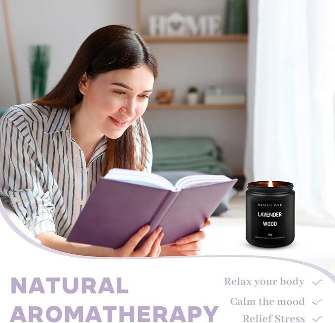 Lavander Wood Scented Candles for Home Scented Aromatherapy Candles, Hand-Poured, 9 OZ, 50H Clean Burn,Soy Wax Candle Gift Set for Women Men