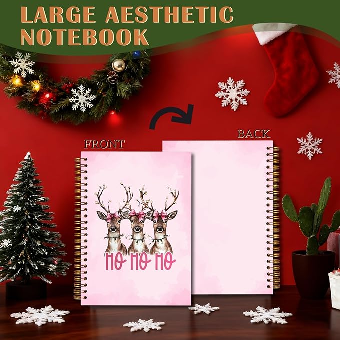 Exqcom Pink Christmas Reindeer Spiral Notebook Gifts, Coquette Pink Bow Deer Animal Journal for Women, Hohoho Xmas Winter Holiday Hardcover Notebook Journal Office School Supplies, 5.5x8.3 Inch