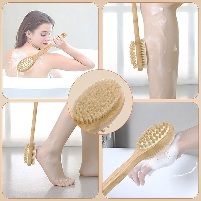 BoAn Dry Brushing Body Brush with Long Handle and Dual Sided,Dry Body Brush for Cellulite and Lymphatic,Bath Brush for Shower Back Scrubber and Cellulite Massager