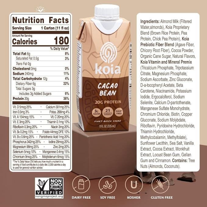 Koia Plant Based Protein Shake, Cacao Bean, 20g Protein, 3g Sugar, 6g Prebiotic Fiber, 21 Vitamins & Minerals, Meal Replacement Drinks, Dairy-Free, Gluten-Free, Non-GMO, 11 Fl Oz (Pack of 12)