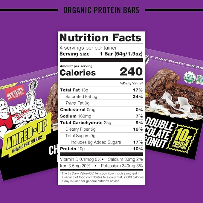 Dave's Killer Bread Blueberry Almond Butter Amped-Up Protein Bars 4 CT + Double Chocolate Coconut Amped-Up Protein Bars 4 CT (1 of each) Variety Pack