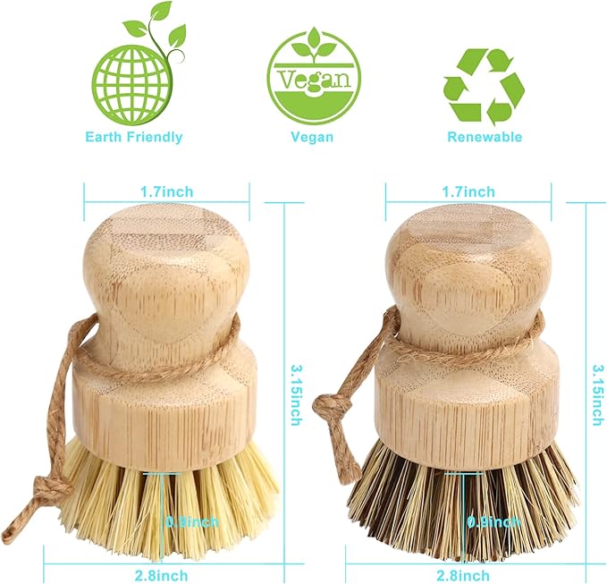 Bamboo Dish Brush Set, 2 Pcs Palm Wooden Dish Scrubber Brush, Dish Brushes, Durable Wood Dishes Scrub Brush, Natural Round Vegetable Cleaning Pots Pans Sink Washing Kitchen Brush