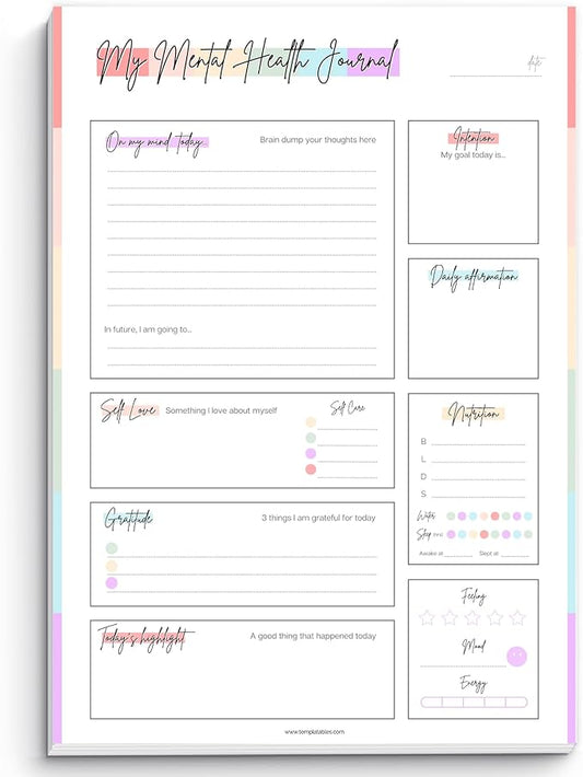 Mental Health Journal Planner | Daily Gratitude, Self Care, Intentions, Affirmations and Nutrition (Colorful, A4)