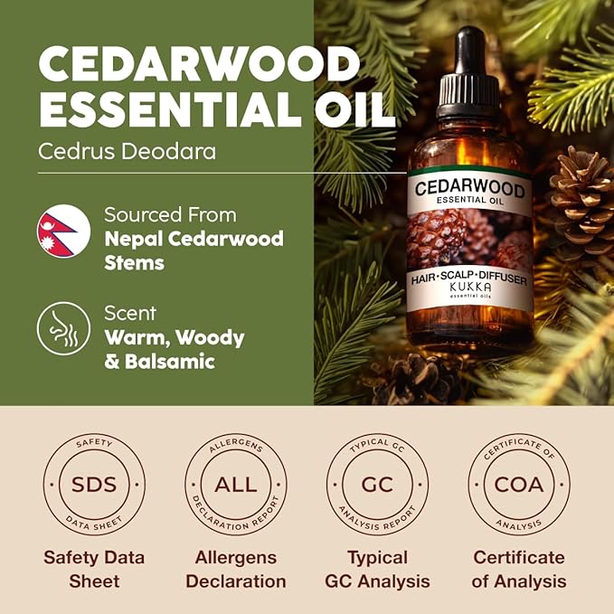 KUKKA Cedarwood Essential Oils - 4 Fl Oz - for Hair, Skin, Diffuser, Aromatherapy & DIY Soap Making Scent