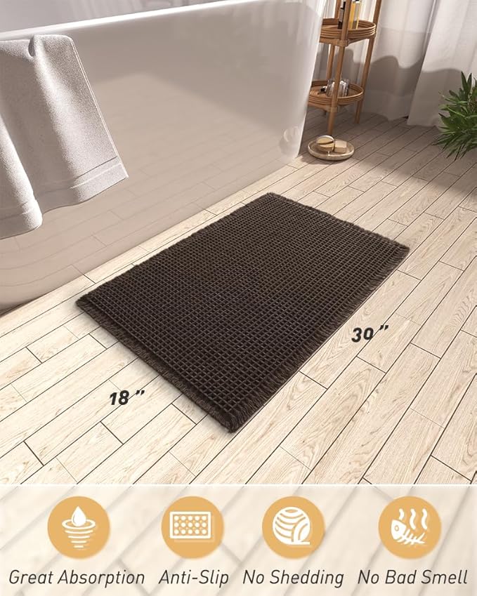 AMOAMI Upgraded Waffle Bath Mat, Super Absorbent Non Slip Bath Mats for Bathroom Floor, Machine Washable Bathroom Rugs with Tassels, Rubber Backed Bathroom Mats, Ultra Soft, 18" x 30", Chocolate