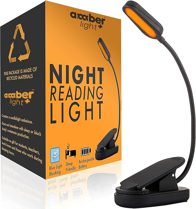 Amber Light + Giftable Amber Book Light - Blue Light Blocking - Night Reading Booklight Store. Rechargeable. 1600K for Reading in Bed at Night. Perfect as a Giftable Kindle Light and LED Book Light.