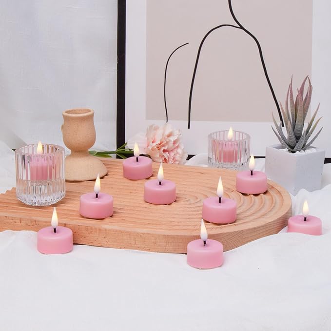 Eywamage Pink Flameless Wax Tealights with Remote Timer, Flickering Colored LED Battery Tea Votive Candles Set of 10