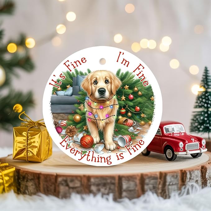 34HD 2.9"" Lightweight Ceramic Ornament for Christmas Tree, Both Sides Printed Flat Hanging Ornament, Gifts for Christmas, Christmas Decoration - Golden Retriever