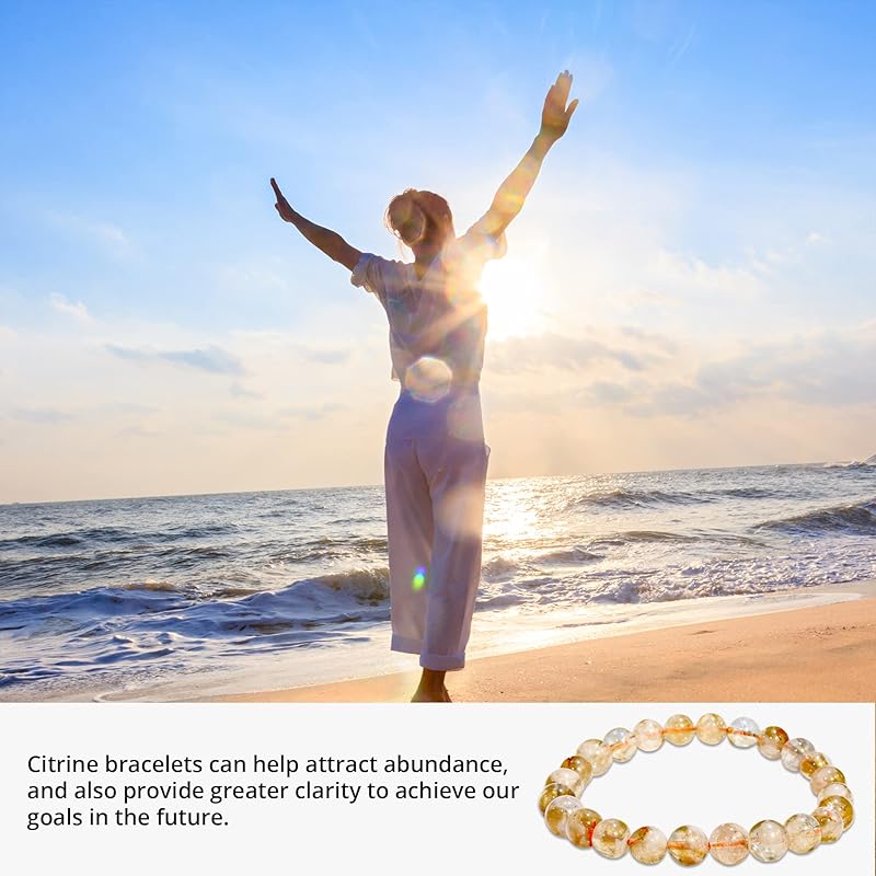 Genuine Citrine Bracelet, Healing Crystal Bracelet for Women and Men, 8mm Round Beaded Bracelet for Spiritual Healing, Protection, Positive Energy, Elastic Adjustable Size Gemstone Bead Bracelet