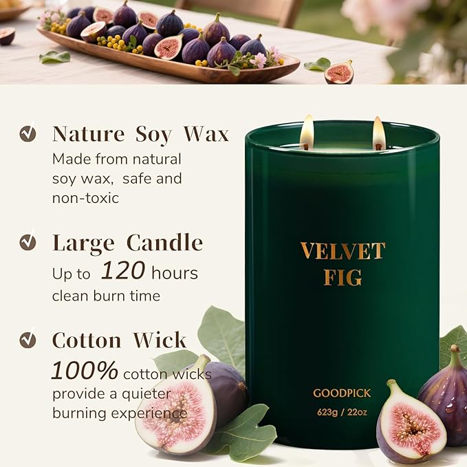 Goodpick Velvet Fig Scented Candle, Soy Wax 22oz 120H Long Burning, Juicy Fig & Creamy Hazelnut, Home Aromatherapy Candles