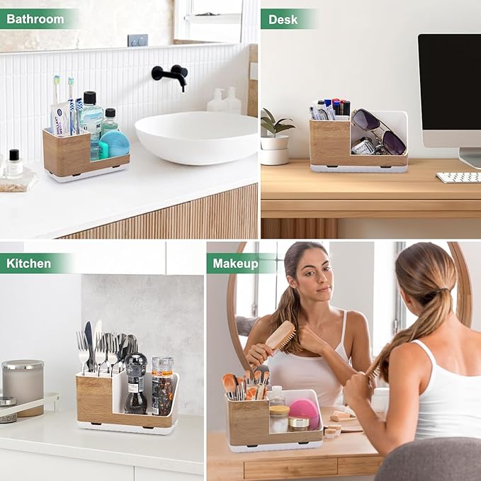 Toothbrush Holders for Bathrooms Countertop Organizer and Storage, Kids Electric Toothbrush and Toothpaste Holder, Bathroom Accessories Vanity Organizer (Wood Grain)