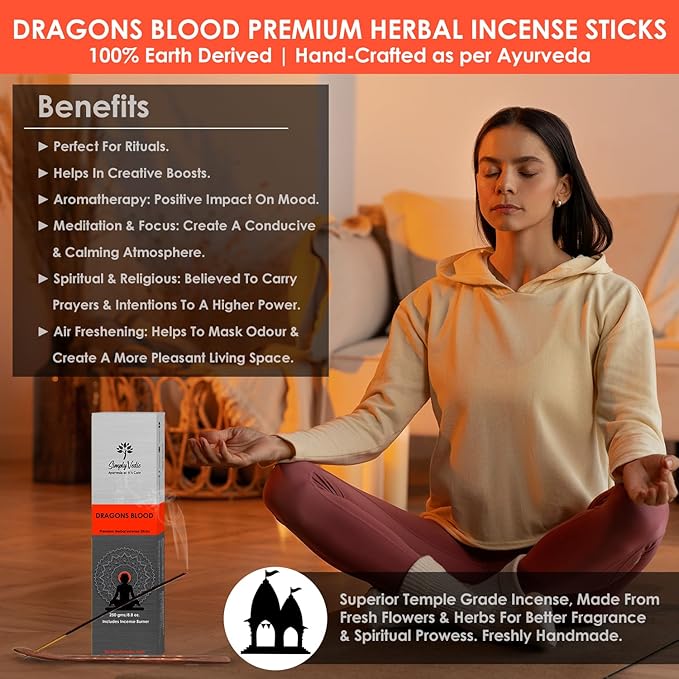 Simply Vedic Dragons Blood Incense Sticks – 250g Pack (Approx. 135 Handmade Sticks + Free Holder) | Charcoal-Free | Natural Essential Oils for Meditation, Yoga, Aromatherapy, Prayers & Spiritual Use
