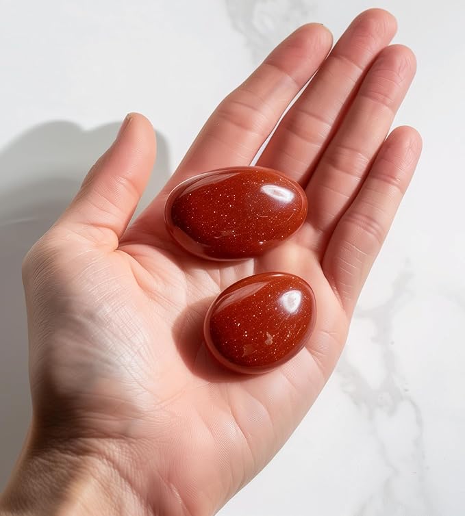 Polished Red Goldstone Crystal Stones - 2 Pcs of 1.2" Worry Stone for Anxiety, Pocket Palm Stone Super Large Handpicked Natural Tumbled Gemstones for Meditation, Reiki, Chakra Healing, Home Decor