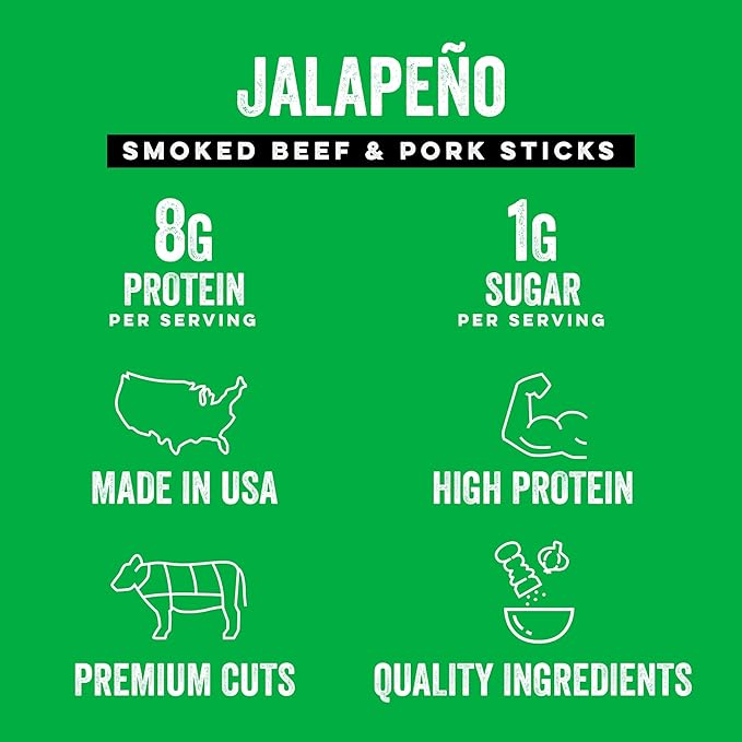 Chef's Cut Smoked Beef and Pork Jerky Meat Sticks, Jalapeño (1 Ounce Stick, Pack of 12) - High Protein, 8g Protein, 90 Calories, Gluten-Free, Individually Wrapped, Keto Friendly Snack, Low Carb Snack