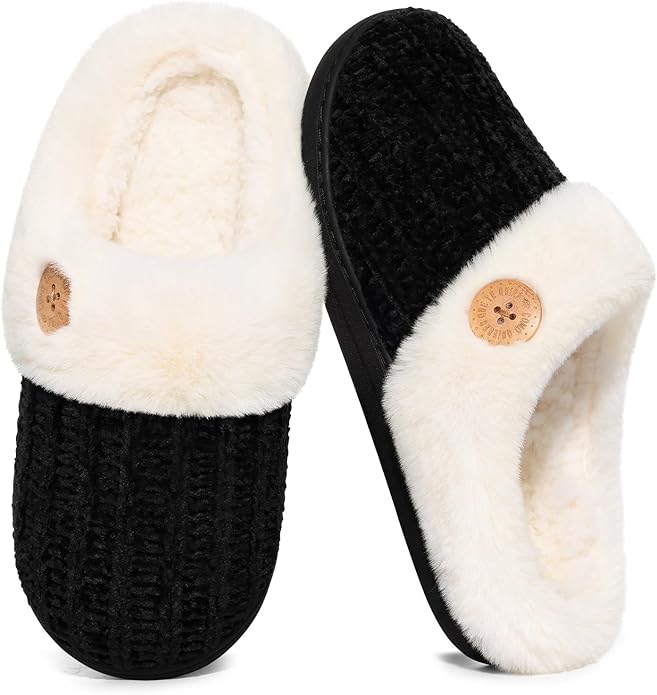 Evshine Warm Knit House Slippers for Women Comfy Wool-Like Lined Chenille Slippers with Memory Foam and Indoor Outdoor Soles