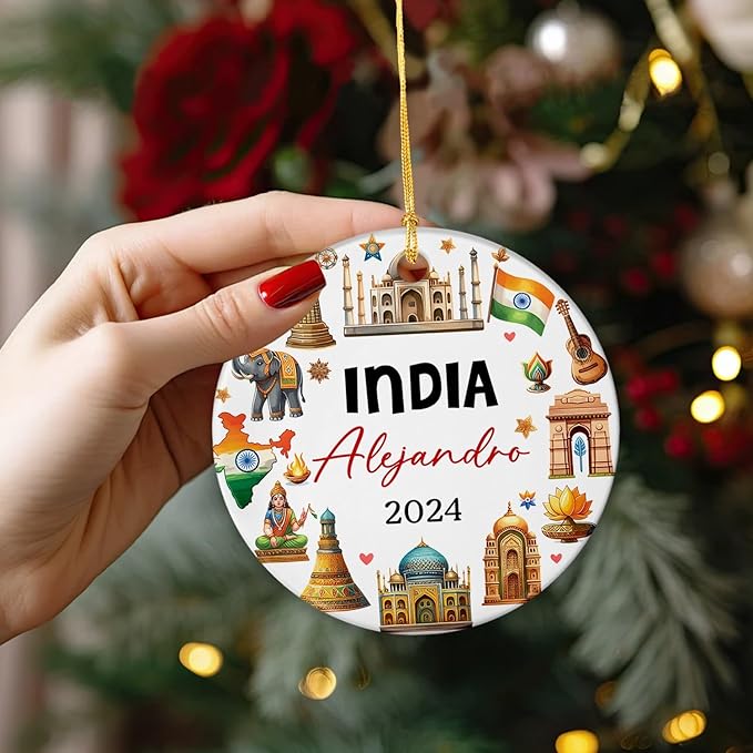 India Vacation Souvenir Christmas Ornament 2025 - Personalized Landmarks Ceramic Xmas Decor, Travel Country Tree Custom Name Taj Mahal Indian Heritage