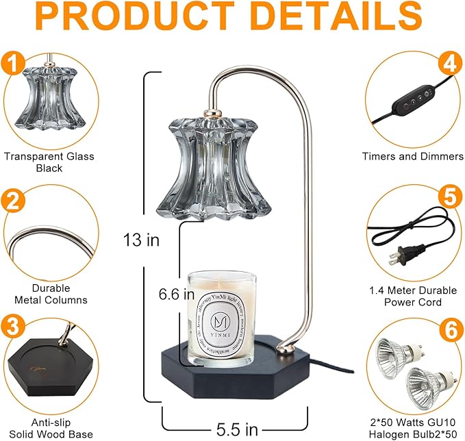 Black Candle Warmer Lamp with Timer - Adjustable Height Candle Warmer, Dimmer, Wax Melting Lamps for Home Decor, for Candles in Jars with 2 Bulbs