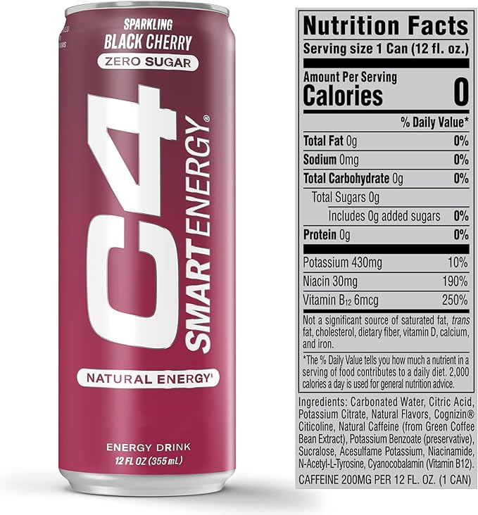Cellucor C4 Smart Energy Drink - Sugar Free Performance Fuel & Nootropic Brain Booster, Coffee Substitute or Alternative | Black Cherry 12 Oz - 12 Pack