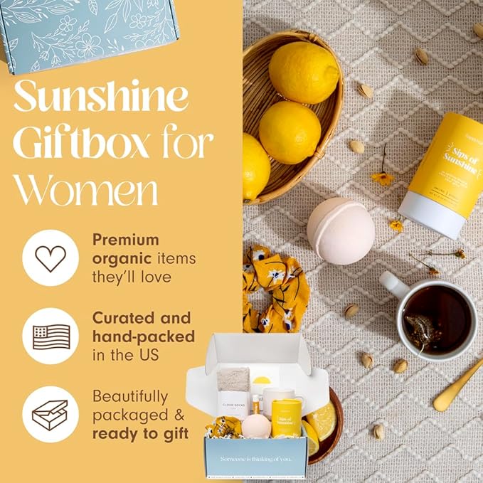 Unboxme Sunshine Gift For Women | Self Care Package with Herbal Tea, Mug, Bath Bomb, Candle, Fluffy Socks, Lip Balm, Sheet Mask, Scrunchie & Happy Birthday Card