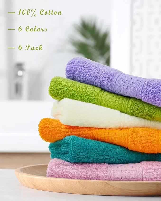 Cleanbear Cotton Wash Cloths Soft Washcloths with 6 Colors for Body and Face, 13 by 13 Inches Large Bathroom Washcloth Set Highly Absorbent Fade Resistant Face Cloths