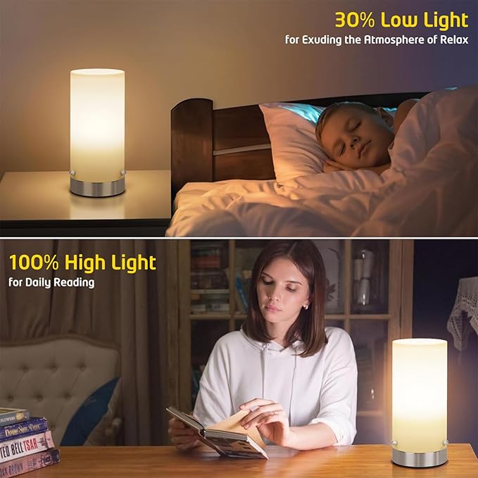 Bedside Table Lamp for Bedroom, 3 Way Dimmable Touch Control Table Lamps for Nightstand, Modern Desk Lamp with Glass Lamp Shape, 2700K 6W Bulb Included(Nickel).