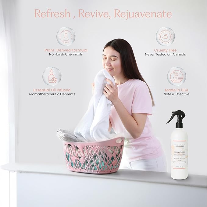 FIELD FLEUR Coconut Rose Linen & Room Spray 15.5 oz - Aromatic & Refreshing Bedding & Fabric Mist - Air Freshener for Clothes & Sofas – Notes of Coconut, Vanilla, Jasmine & Citrus - Made in USA