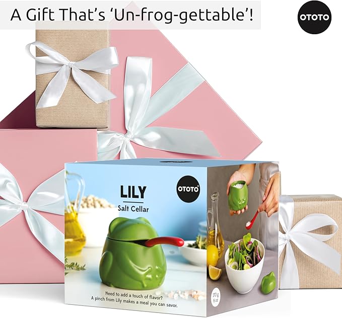 OTOTO NEW Lily Salt Cellar with Lid and Spoon - 6 oz Frog Salt Containers for Countertop, Ceramic Salt Holder with Lid for Sugar, Frog Stuff, White Elephant Gifts, Cute Gifts Accessories - Green
