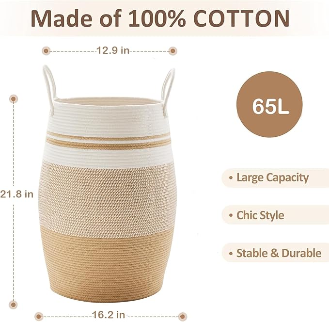 Fiona's magic 65L Extra Large Laundry Hamper Basket, Woven Tall Clothes Hamper for Storage Blanket, Toys and Dirty Cothes in Bedroom and Living Room Organizer, Yellow & White