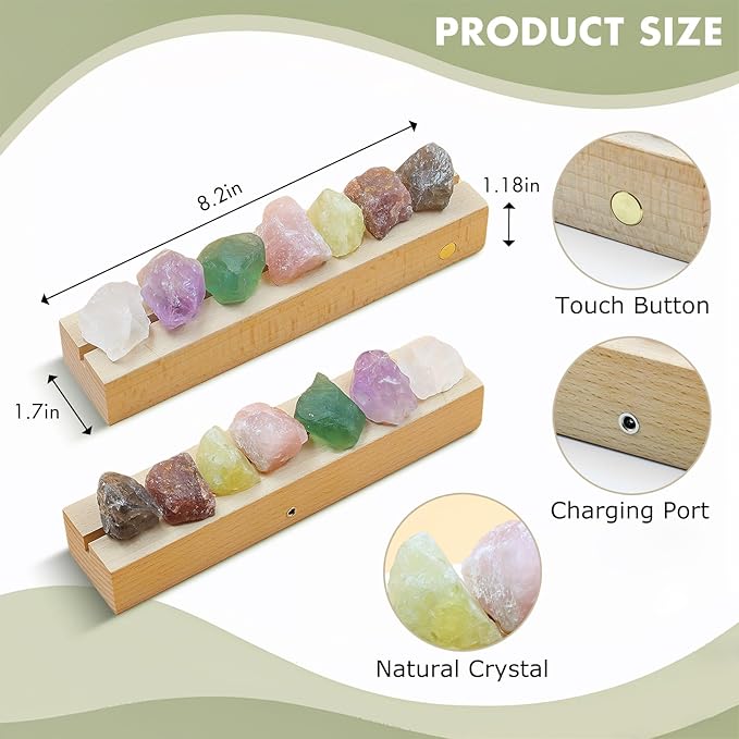 Healing Crystal Night Light,7 Chakra Natural Bedside Lamp with Wooden LED Light Base,Healing Stones Positive Energy Night Lights for Home Decor Gifts (Rechargeable)
