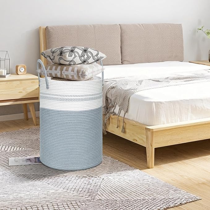 72L Tall Laundry Basket, Cotton Rope Laundry Hamper, Laundry Hamper with Handles, Decorative Woven Basket for Dirty Clothes, Blankets, Pillows in Bathroom, Bedroom (Gray, 16 x 22in)