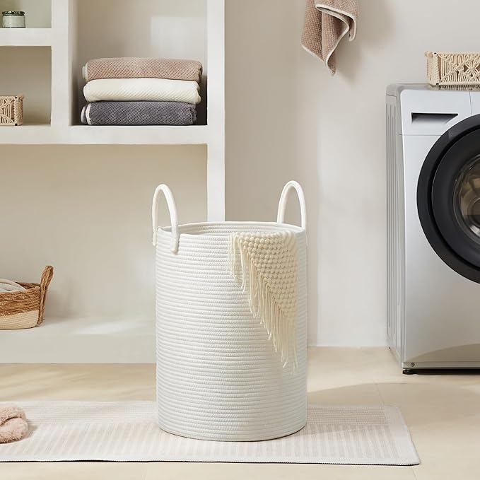 Cotton Rope Laundry Hamper by YOUDENOVA, 58L - Woven Collapsible Laundry Basket - Clothes Storage Basket for Blankets, Laundry Room Organizing, Bedroom Storage, Clothes Hamper – White