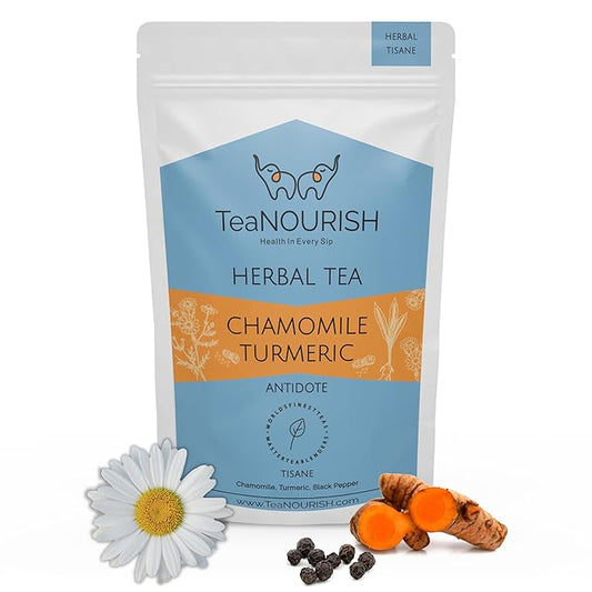 TeaNOURISH Chamomile Turmeric Herbal Tea | Calming and Relaxing | Chamomile, Turmeric, Black Pepper | Stress Buster | CAFFEINE-FREE | 100% NATURAL - 1.76oz/50g
