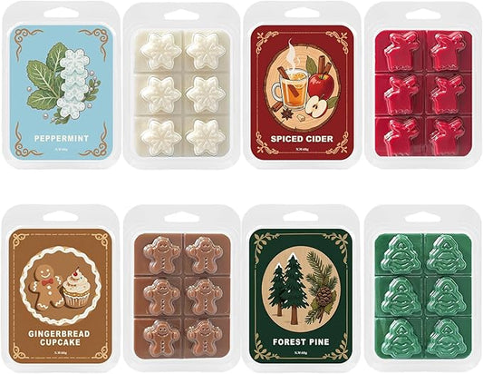 Christmas Scented Wax Melts, Winter Holiday Soy Wax Cubes for Wax Warmer, Snowflake Pines Elk Gingerbread Cubes Set, Spiced Cider, Gingerbread Cupcake, Peppermint, Forest Pine