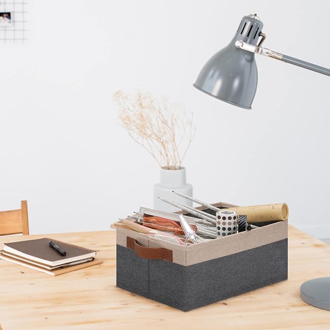 GhvyenntteS Small Fabric Storage Bins 12 Pack, 11.8" x 7.87" x 5.11" Storage Basket with Leather Handles, Closet Storage Bins for Shelves, Storage Baskets for Shelves, DVD Storage (Grey&Beige Yellow)