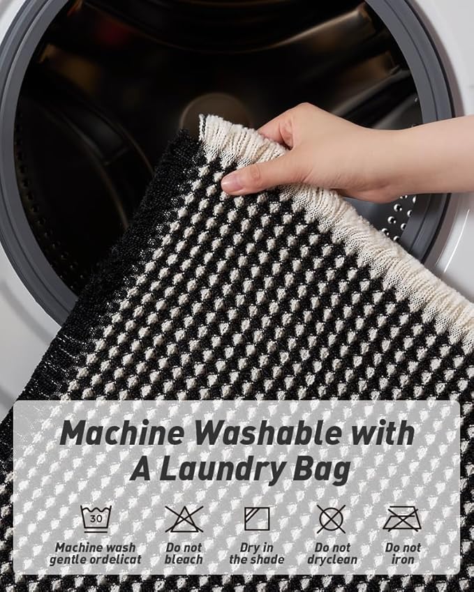 AMOAMI Upgraded Waffle Bath Mat, Super Absorbent Non Slip Bath Mats for Bathroom Floor, Machine Washable Bathroom Rugs with Tassels, Rubber Backed Bathroom Mats, Ultra Soft, 24" x 36",Black & Cream