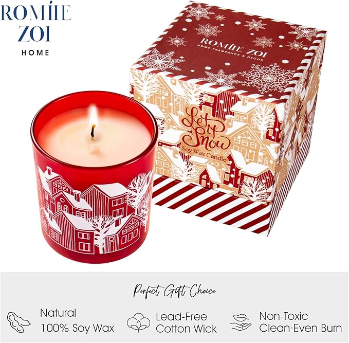ROMIIE ZOI Christmas Scented Candle - 6oz Soy Wax Candle, Let it Snow, Infused with Christmas Pine Aroma - Brown & Red Gift Box Packaged for Christmas Holiday Season Gift