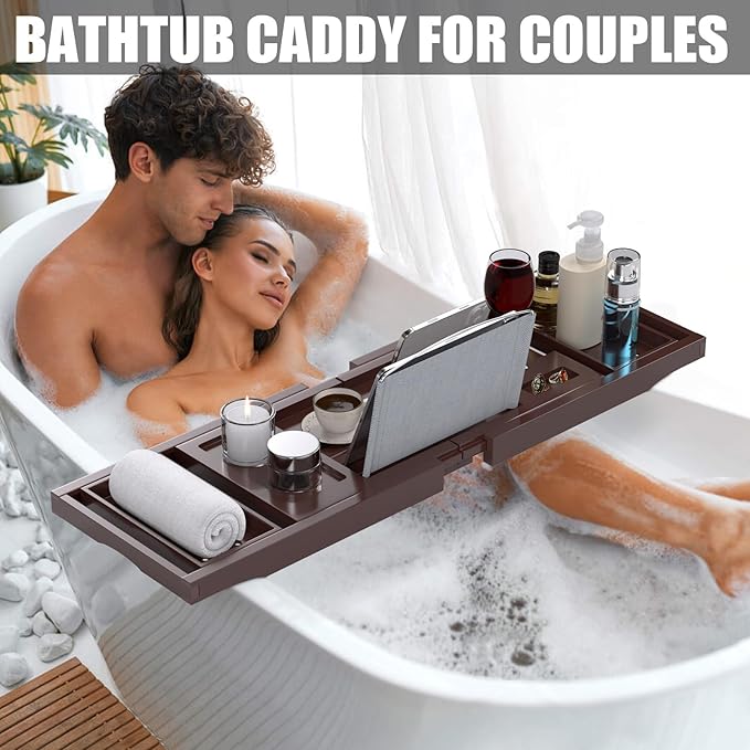 Bathtub Tray Caddy, Expandable Bath Trays for Tub, Bamboo Shelf & Table with Wine Glass Holder,Bathroom Accessories for New Home & Mothers Day & Birthday Gifts for Mom,Brown