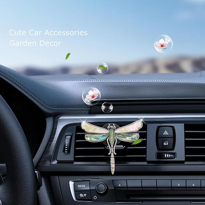 Dragonfly Car Decor,Cute Car Air Freshener Vent Clip,Iridescent Abalone Shell Dashboard Decoration Gift for Women Teens,Refillable Diffuser(Beige)