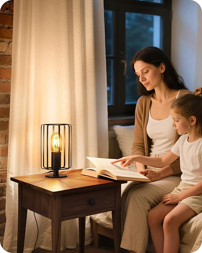 Industrial Small Table Lamp, Small Bedside Lamp with Dimmable 2400K Warm Light LED Bulb, Vintage Desk Lamp, Black Nightstand Lamp for Bedroom, Study, Office, Small Space, B05TL05