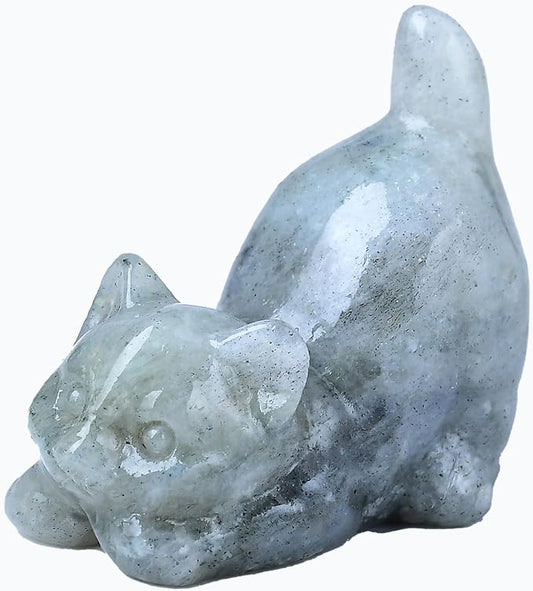 Moonstone Cat Crystal Statue Healing Crystal Reiki Meditation Pocket Gem Guardian Sculpture Home Study Table Desk Decor Collection Gift for Loved Ones