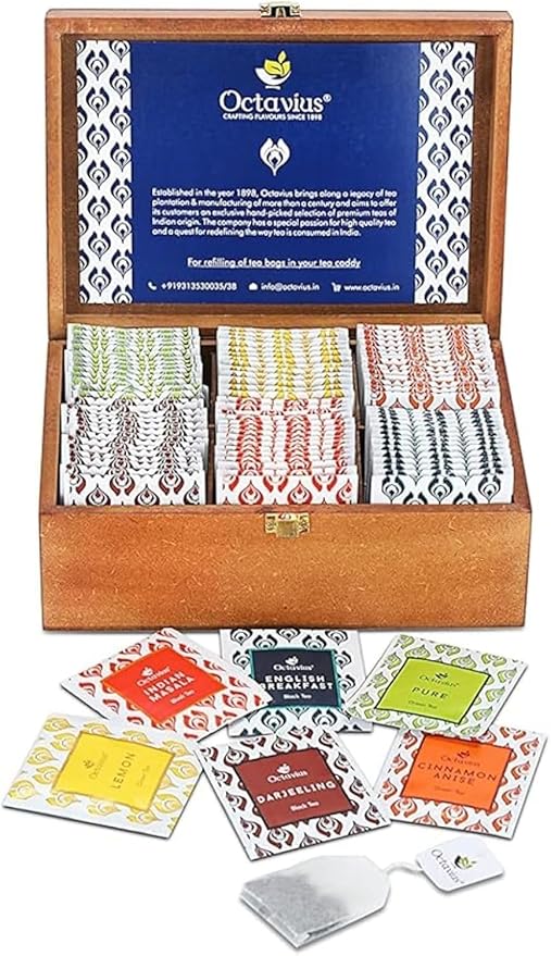 Octavius Gift's Select - Assorted Tea in Lotus Printed Wooden Box | 6 Flavors, 90 Tea Bags | Black & Green Tea | Tea Gifts for Women & Men | Tea Variety Pack