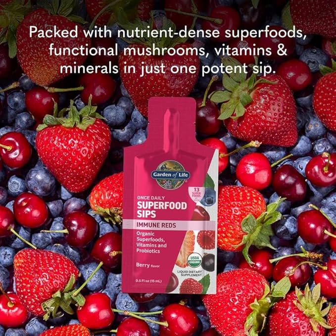 Garden of Life Superfoods Sips, 12 Single Serve Pouches, Vitamins, Probiotics, 13 Organic Superfoods, Functional Mushrooms, Immune Reds, Once Daily, Organic, Vegan, Preservative-Free, Berry Flavor