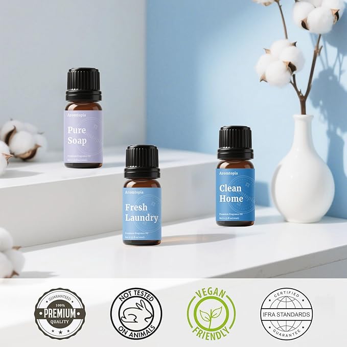 Diffuser Fragrance Oils, Aromtopia Essential Oils for Diffusers for Home, 6x10ml Fresh Home Set, Clean Scents for Candle Soap Making, Dryer Ball, Fresh Linen, Fresh Laundry, Crisp Breeze, Lemon