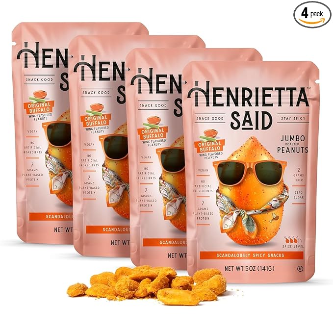 Henrietta Said Wing-Flavored Peanuts - Truly Good Foods Snacking Nuts - Bold Flavors - Savory & Spicy - Jumbo Flavored Peanuts - Protein Packed Vegan Snack - 4 (5-oz) Packs - Original Buffalo