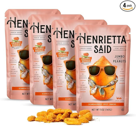 Henrietta Said Wing-Flavored Peanuts - Truly Good Foods Snacking Nuts - Bold Flavors - Savory & Spicy - Jumbo Flavored Peanuts - Protein Packed Vegan Snack - 4 (5-oz) Packs - Original Buffalo