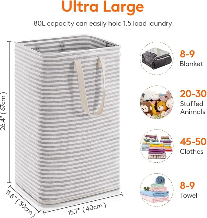 Lifewit Laundry Hamper Large Collapsible Laundry Basket, Freestanding Waterproof Clothes Hamper Storage with Easy Carry Handles for Clothes in Bedroom Bathroom College Dorm for Adults, Gray, 80L