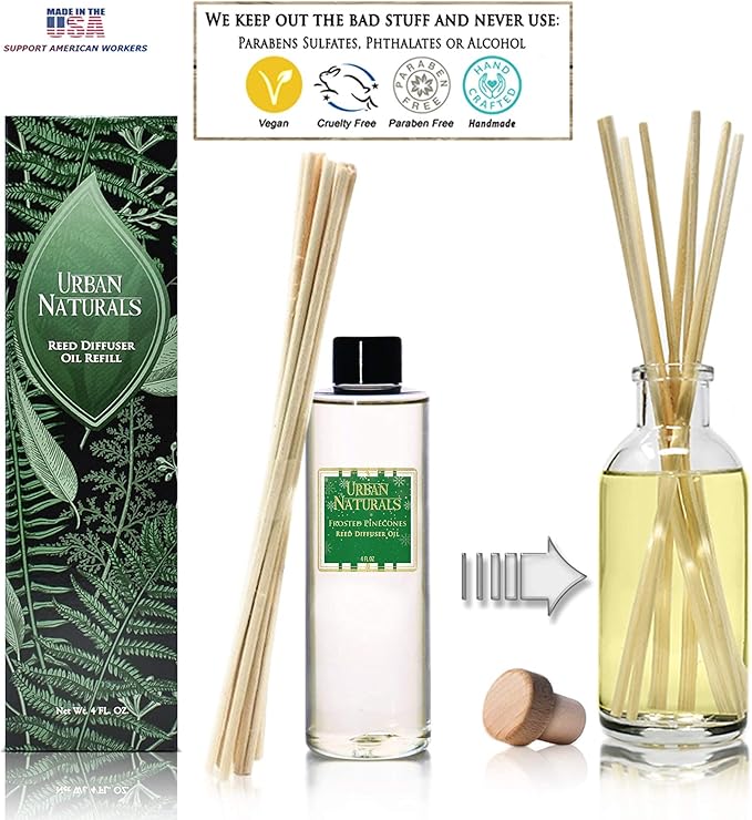 Urban Naturals Frosted Pinecones Holiday Oil Reed Diffuser Refill with Free Set of Reed Sticks – Pine, Cinnamon, Clove, Cedar Wood, Sandalwood and Vanilla Bean – Vegan, 4 oz, Made in The USA